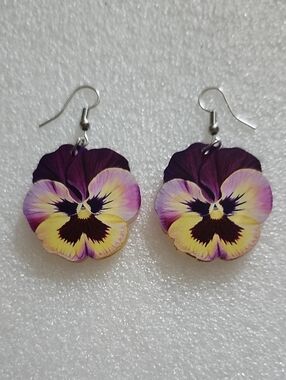 Hand Crafted Yellow and Purple Pansy Drop Earrings - Women Jewelry